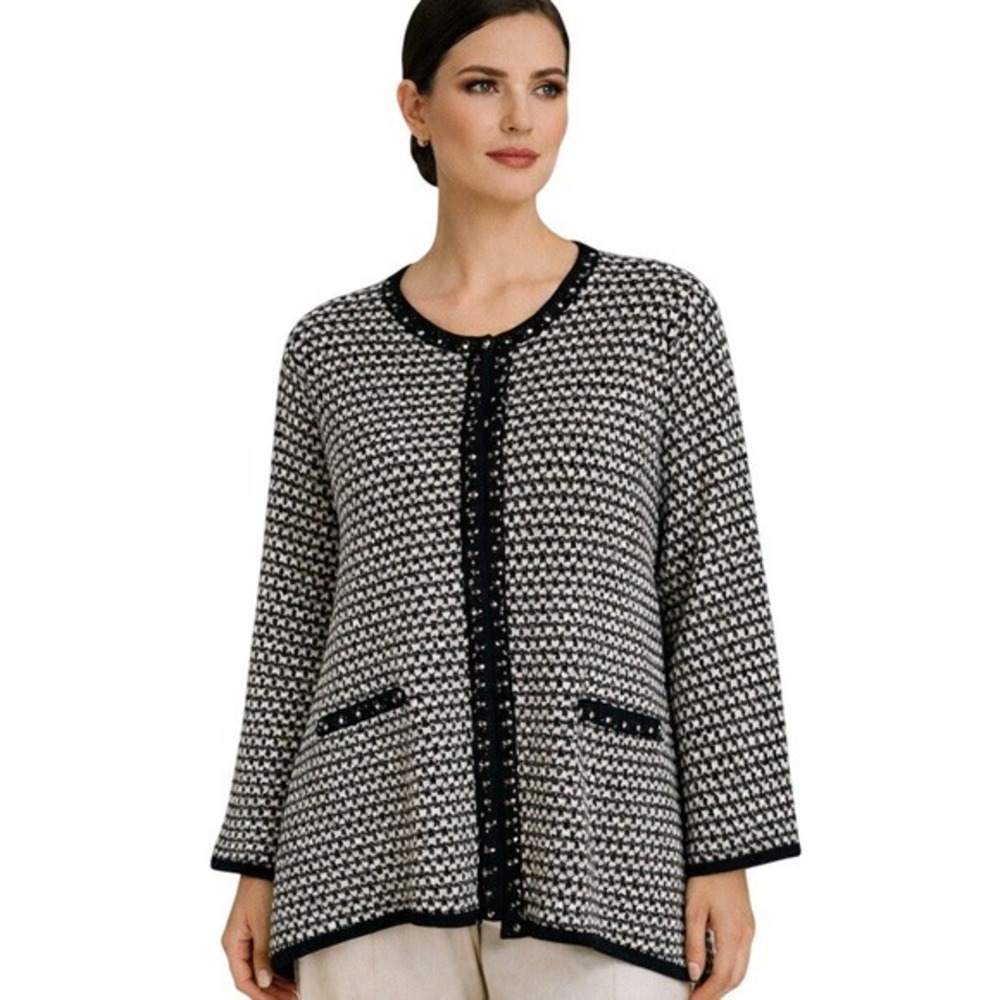 JM Collection 90s Y2K Tweed Knit Cardigan Jacket Women 3X Black White Pearl Trim
